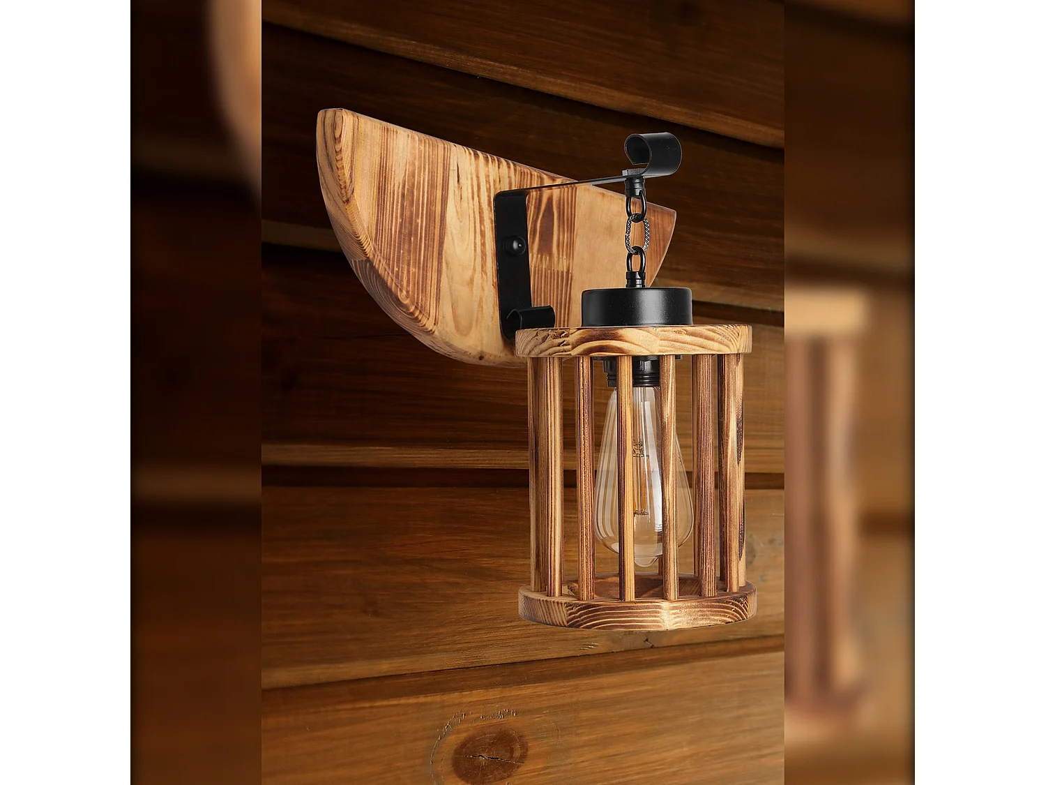 Applique Murale Interieur,  En Bois Et Métal, Luminaire Rétro Industriel , Marron 15x15x25 Cm