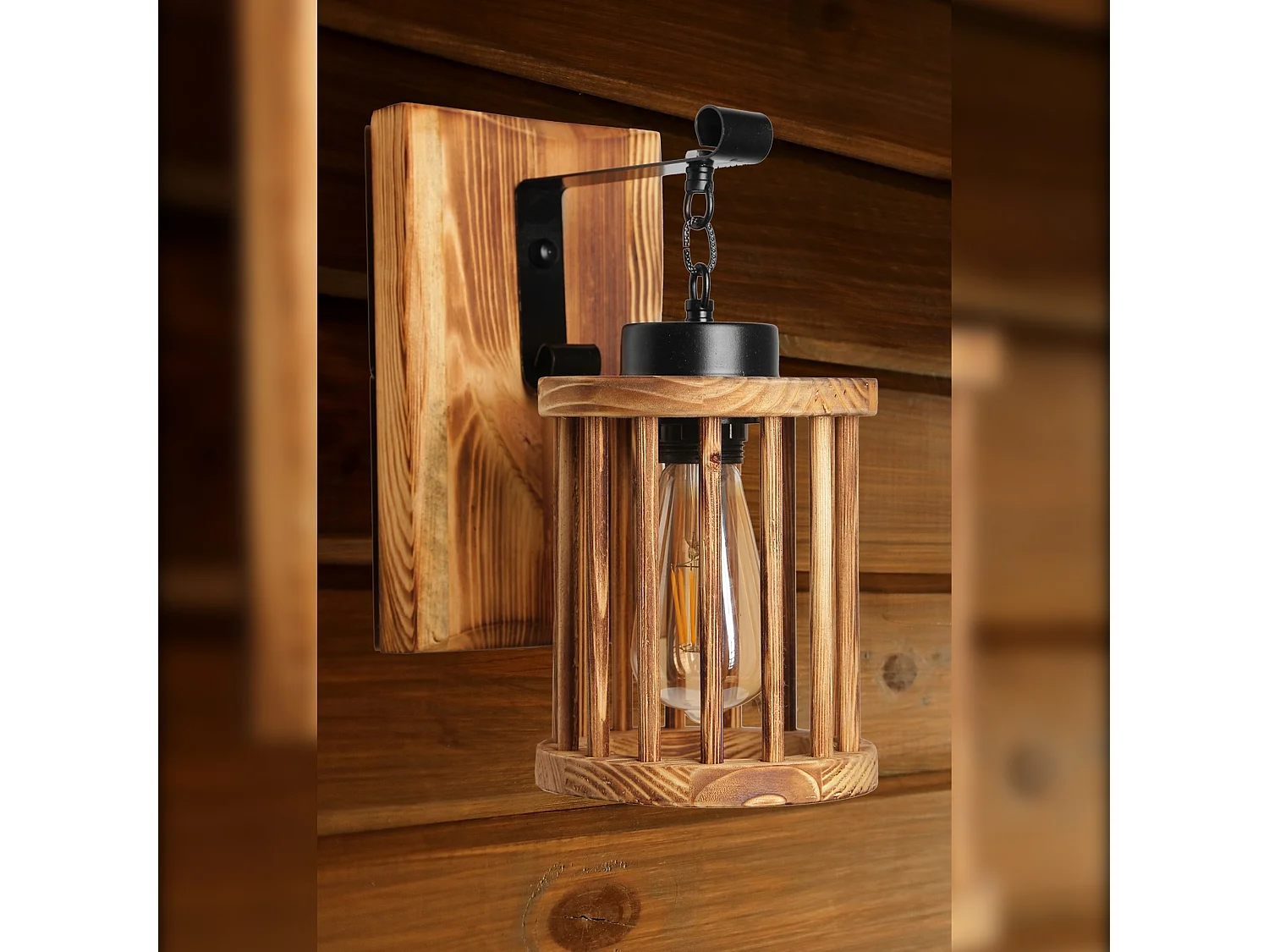 Applique Murale Interieur,  En Bois Et Métal, Luminaire Rétro Industriel , Marron 15x26x28 Cm