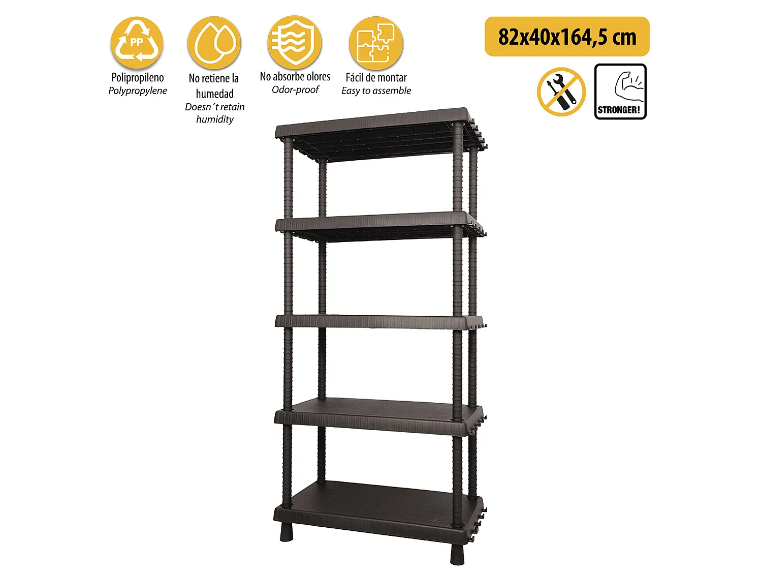 Tablette À 5 Niveaux En Polypropylène L 82 X P 40 X H 164.5 cm.