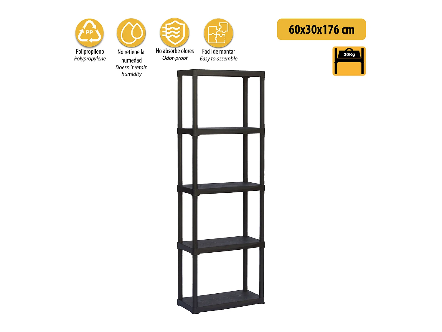 5 Étagères En Plastique En Polypropylène 60 x30 x 176 cm.