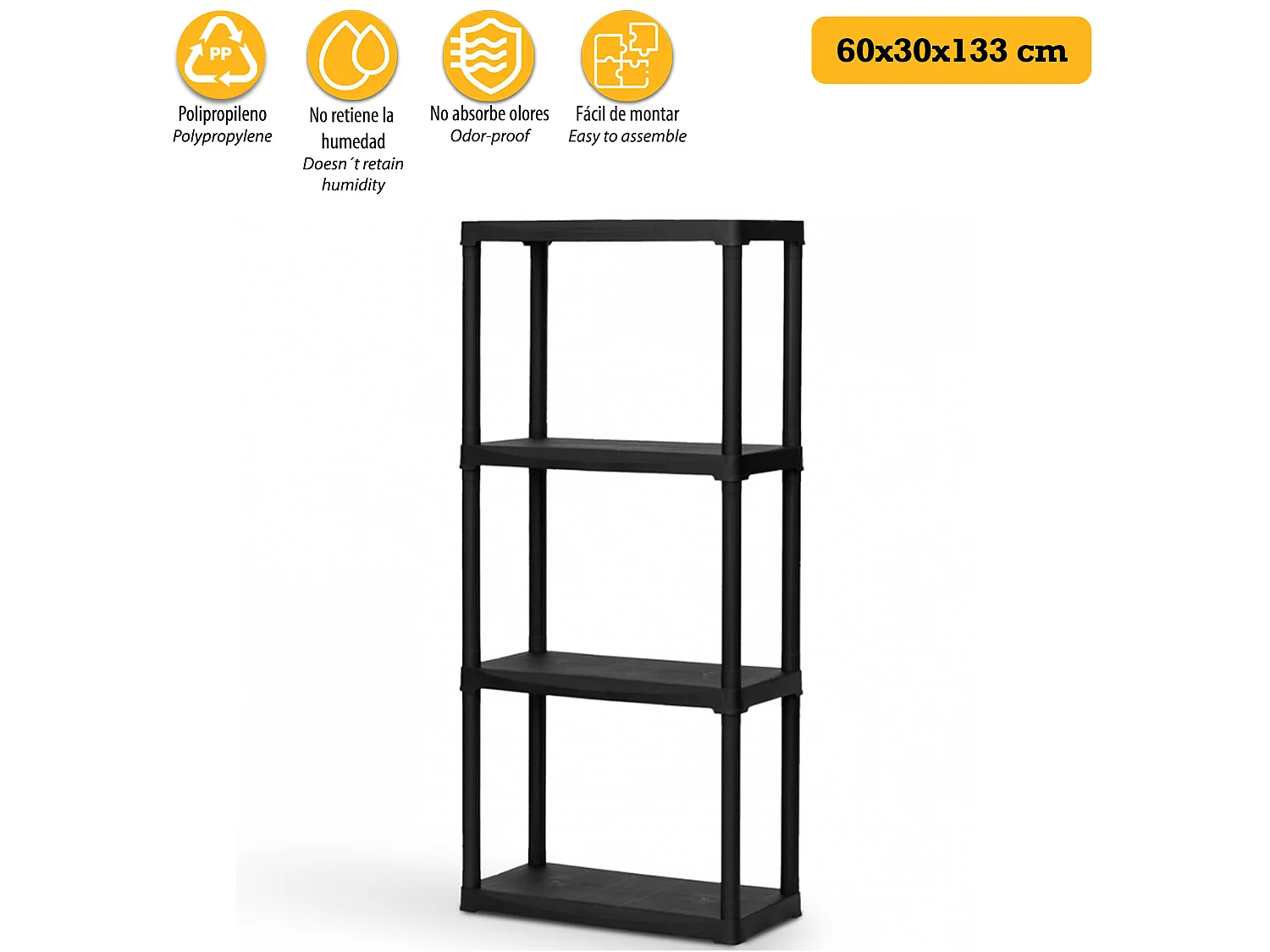 Étagère modulaire avec 4 baldas en plastique 60x30x133 cm.