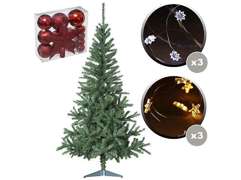Sapin Vert 180 cm, Pack De 18 Décorations De Noël Rouges, 6 Guirlandes + 20 LED