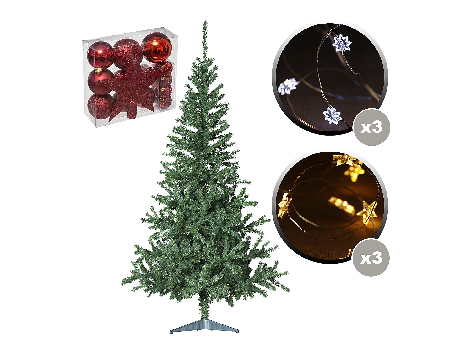 Sapin Vert 180 cm, Pack De 18 Décorations De Noël Rouges, 6 Guirlandes + 20 LED