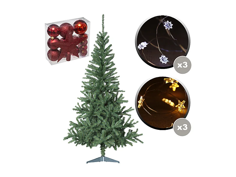 Sapin Vert 180 cm, Pack De 18 Décorations De Noël Rouges, 6 Guirlandes + 20 LED