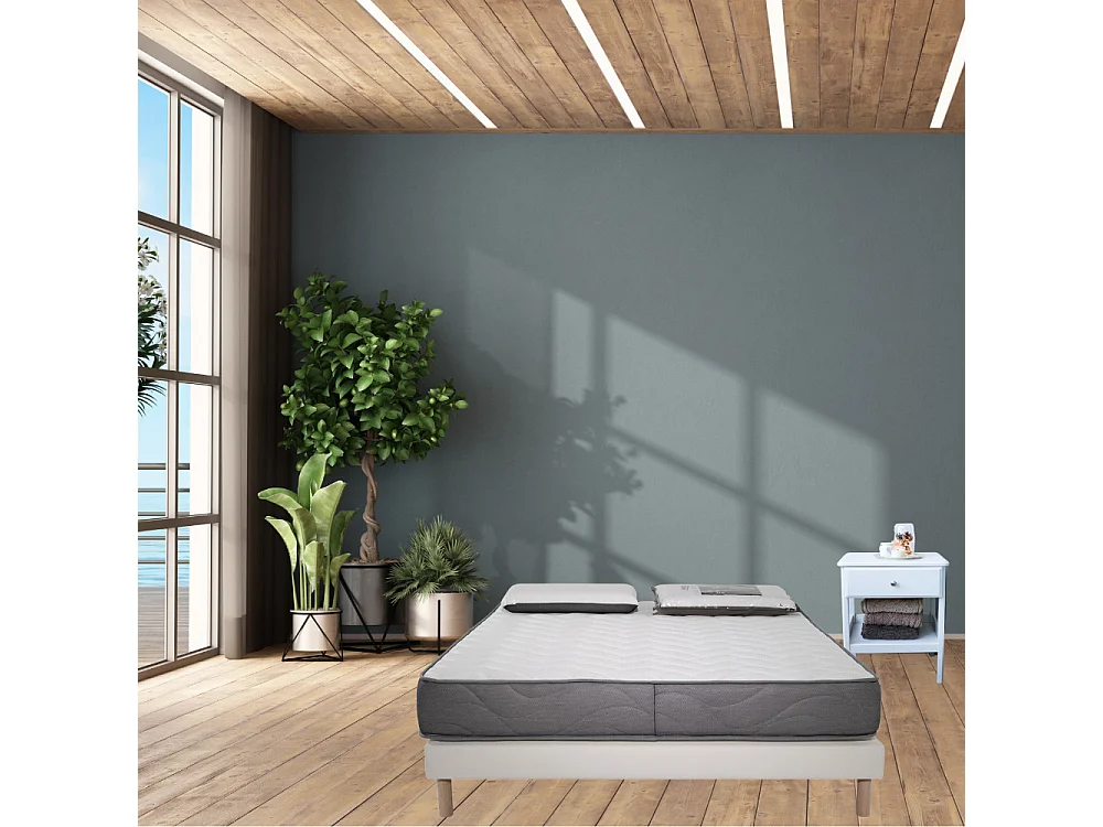 Ensemble Matelas Luxe mousse - 160x200 avec 2 Oreiller visco 60x60 et Sommier Blanc