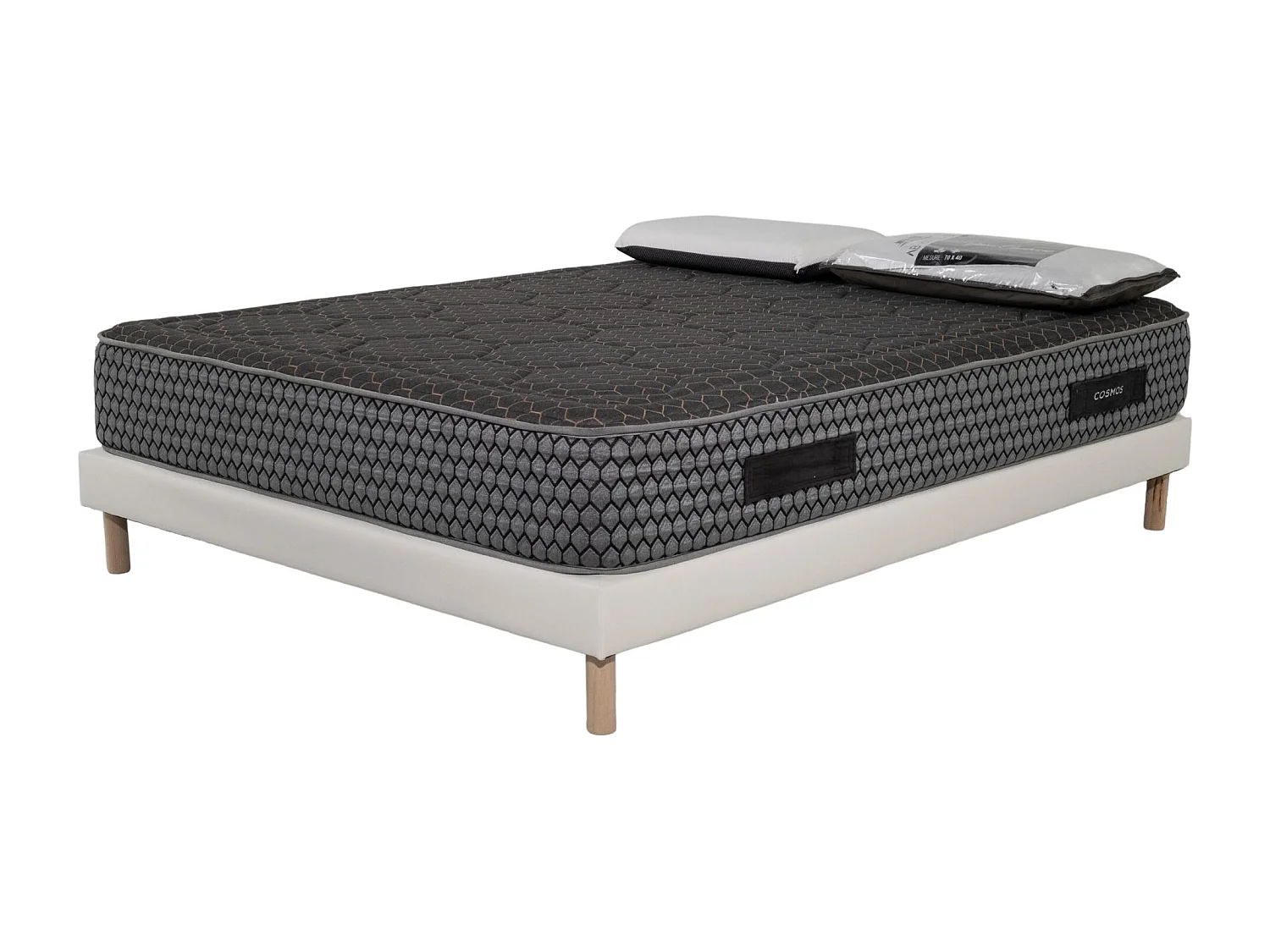 Ensemble Matelas mousse Cosmos Black accueil mémoire - 160x200 - 2 Oreillers 70x40 - Sommier Blanc