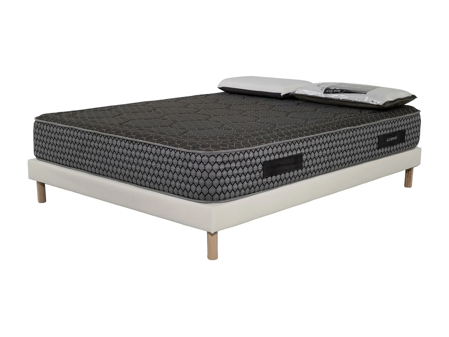 Ensemble Matelas mousse Cosmos Black accueil mémoire - 140x190 - 2 Oreillers 70x40 - Sommier Blanc