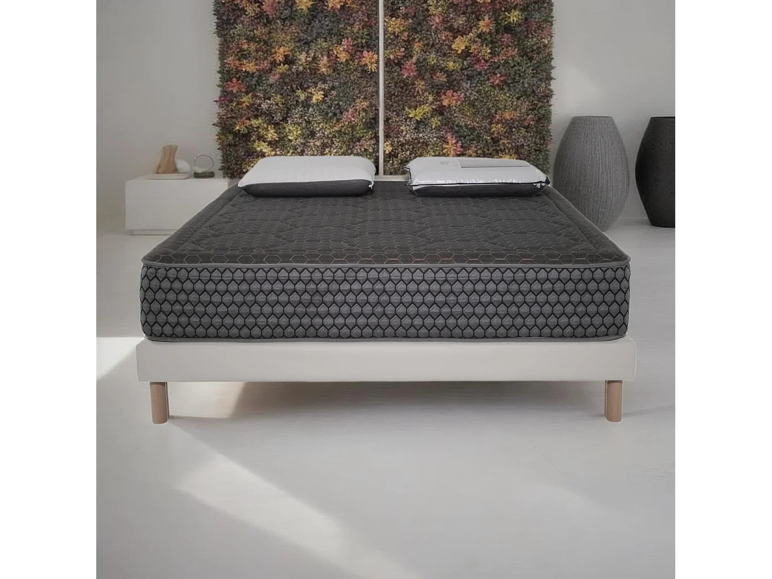 Ensemble Matelas mousse Cosmos Black accueil mémoire - 140x190 - 2 Oreillers 70x40 - Sommier Blanc
