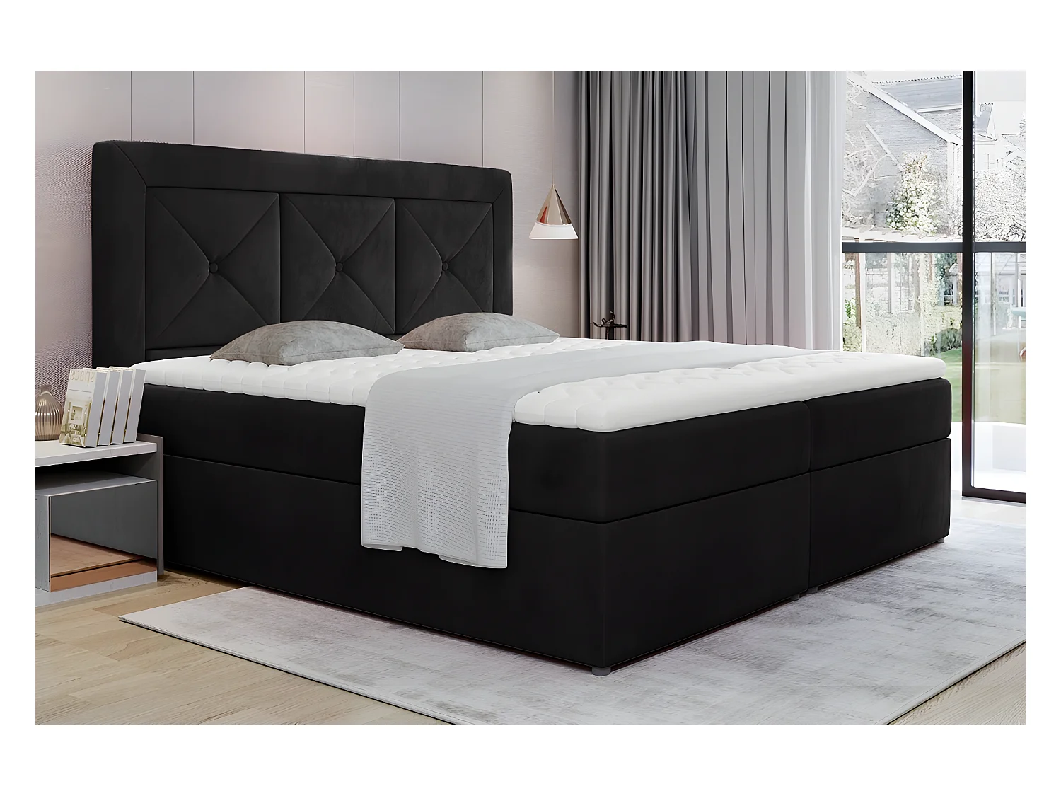 Ensemble boxspring complet tête de lit + sommiers + matelas + surmatelas IDYLLE - velours luxe noir - 160x200 cm