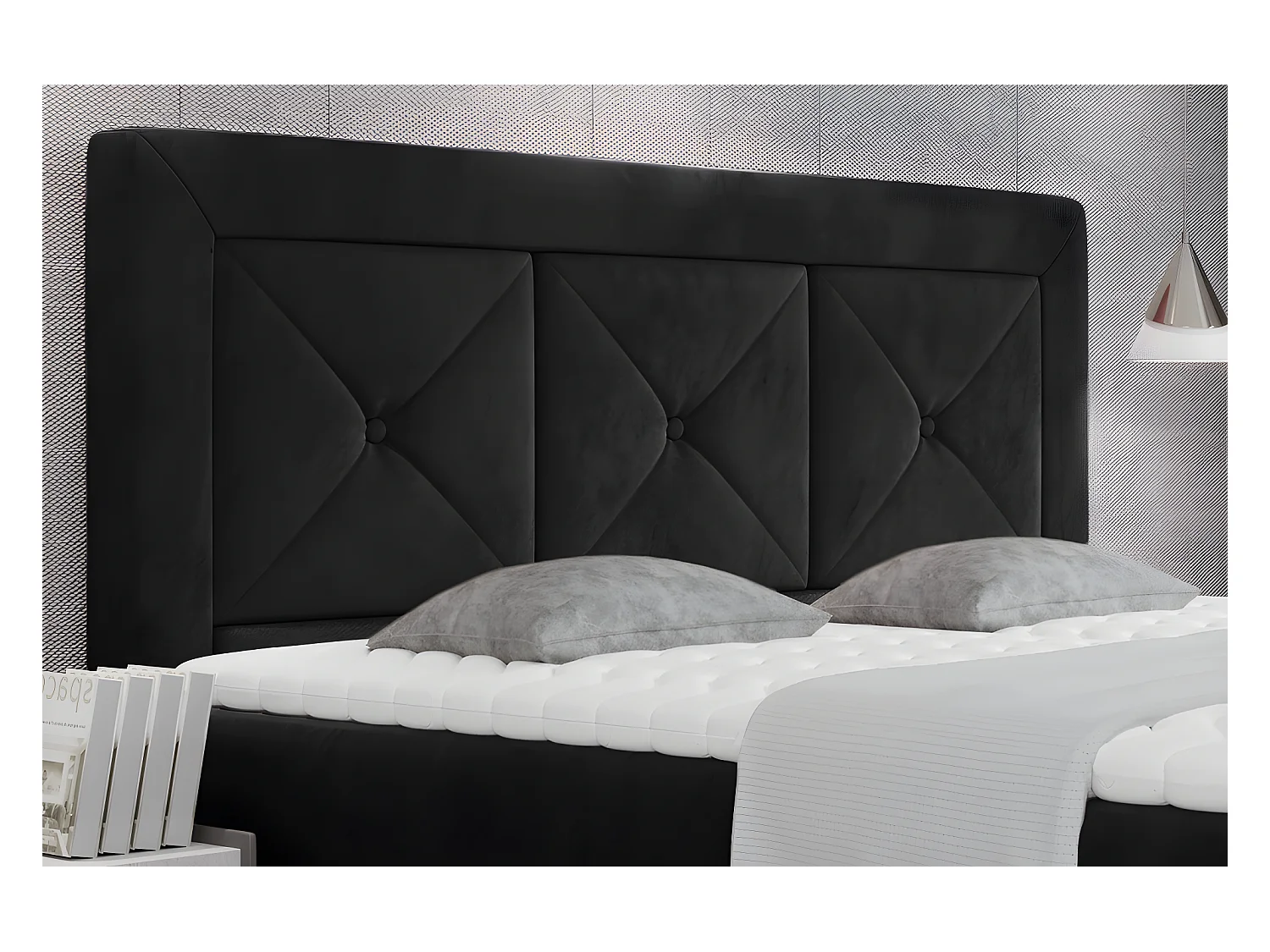 Ensemble boxspring complet tête de lit + sommiers + matelas + surmatelas IDYLLE - velours luxe noir - 160x200 cm