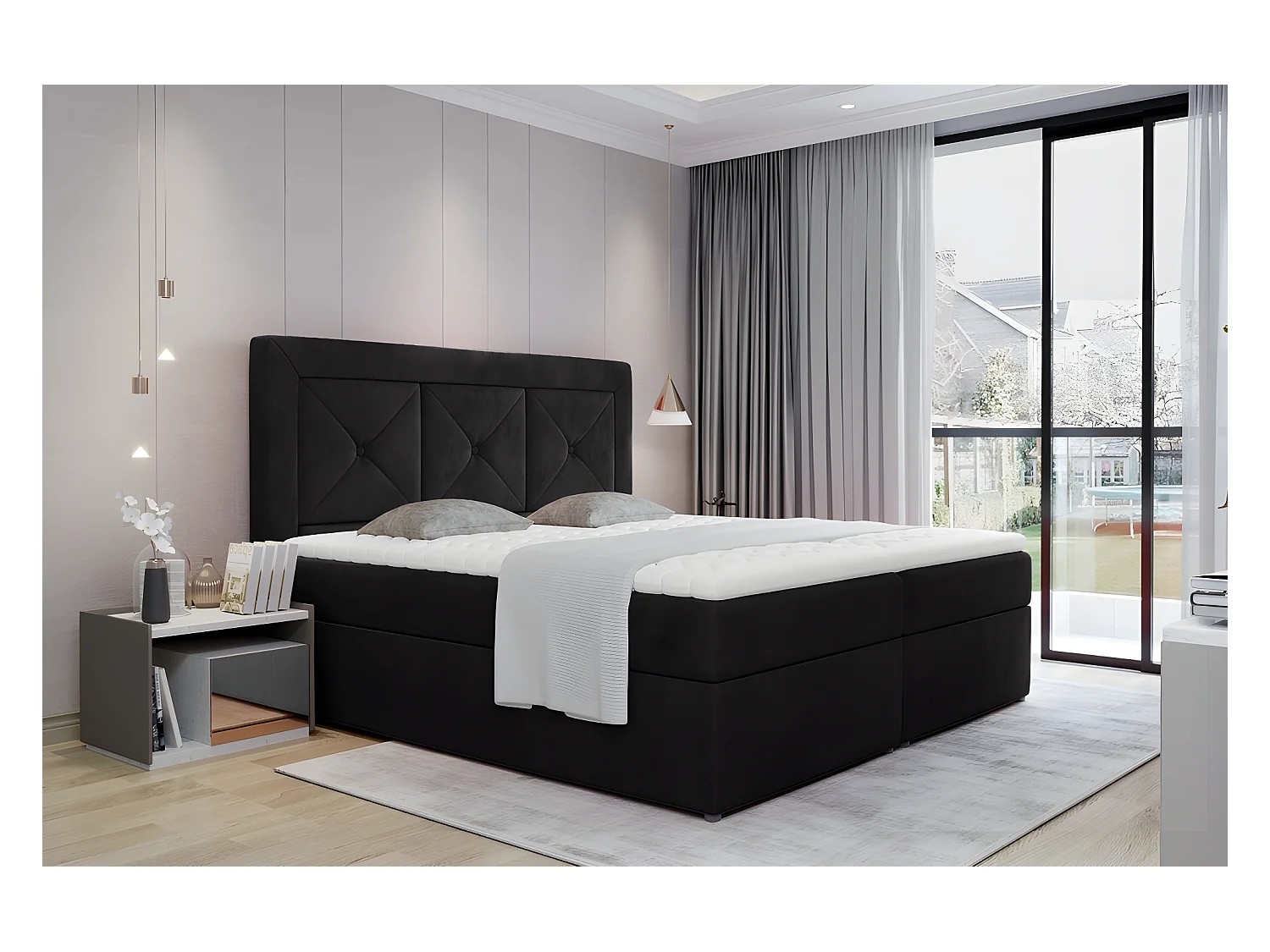Ensemble boxspring complet tête de lit + sommiers + matelas + surmatelas IDYLLE - velours luxe noir - 160x200 cm