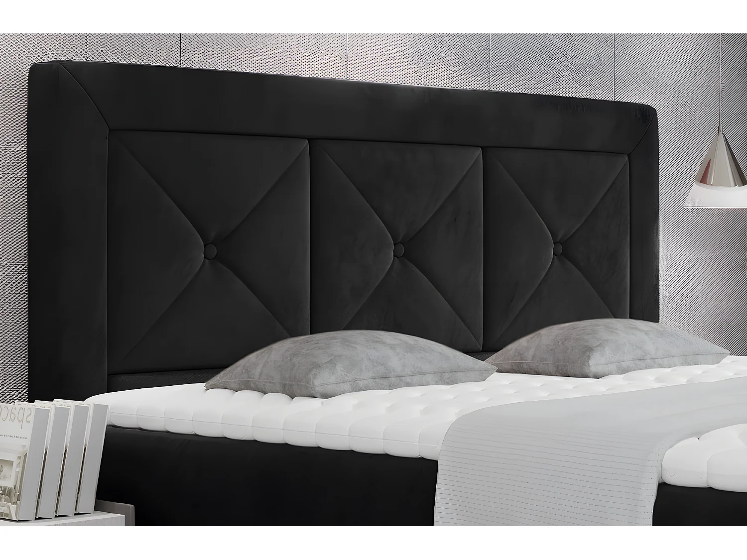 Ensemble boxspring complet tête de lit + sommiers + matelas + surmatelas IDYLLE - velours luxe noir - 160x200 cm