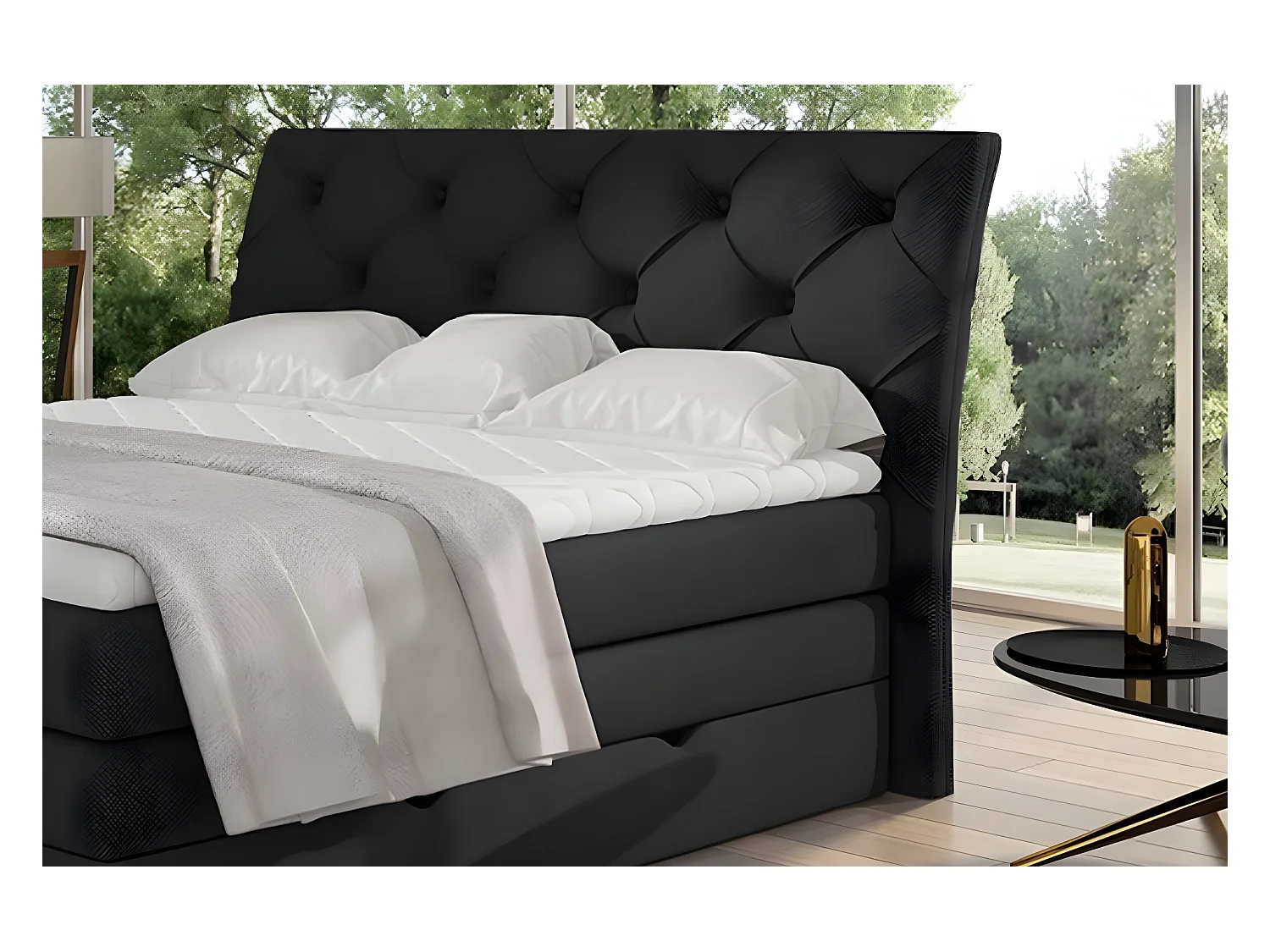 Ensemble boxspring complet tête de lit + sommiers + matelas + surmatelas MIRO tissu luxe noir - 140x200 cm
