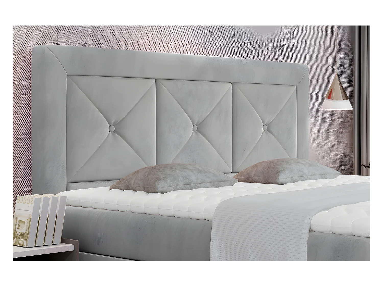 Ensemble boxspring complet tête de lit + sommiers + matelas + surmatelas IDYLLE - velours luxe GRIS - 160x200 cm