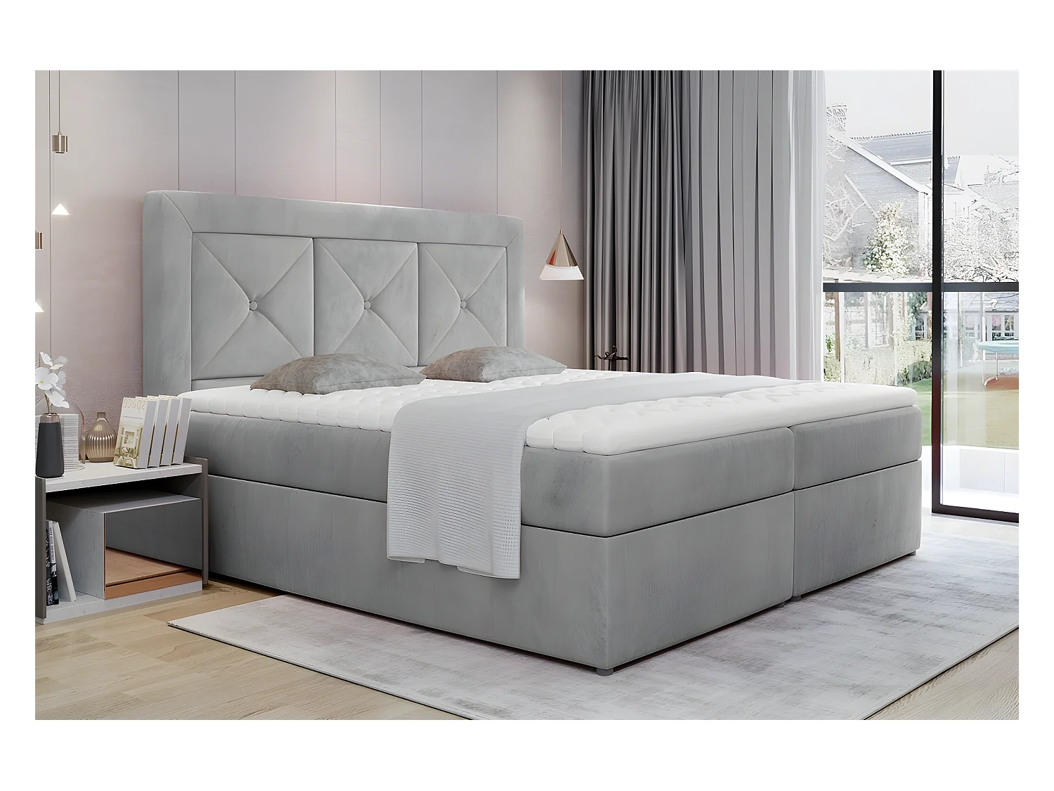 Ensemble boxspring complet tête de lit + sommiers + matelas + surmatelas IDYLLE - velours luxe GRIS - 160x200 cm