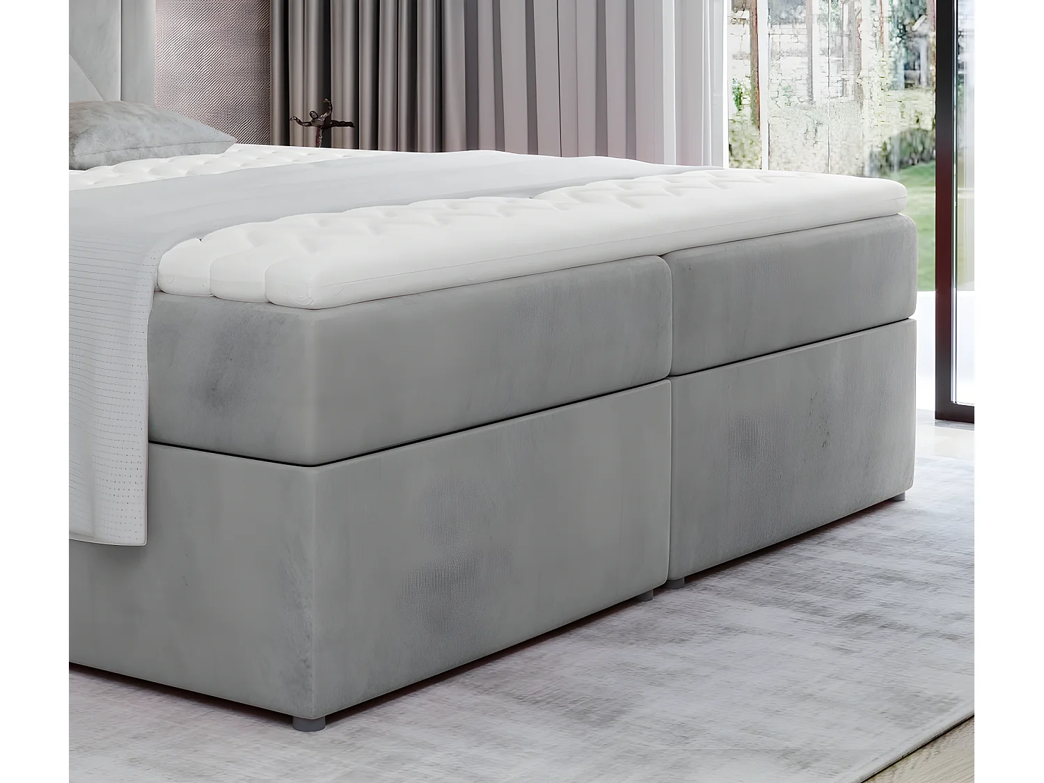 Ensemble boxspring complet tête de lit + sommiers + matelas + surmatelas IDYLLE - velours luxe GRIS - 160x200 cm