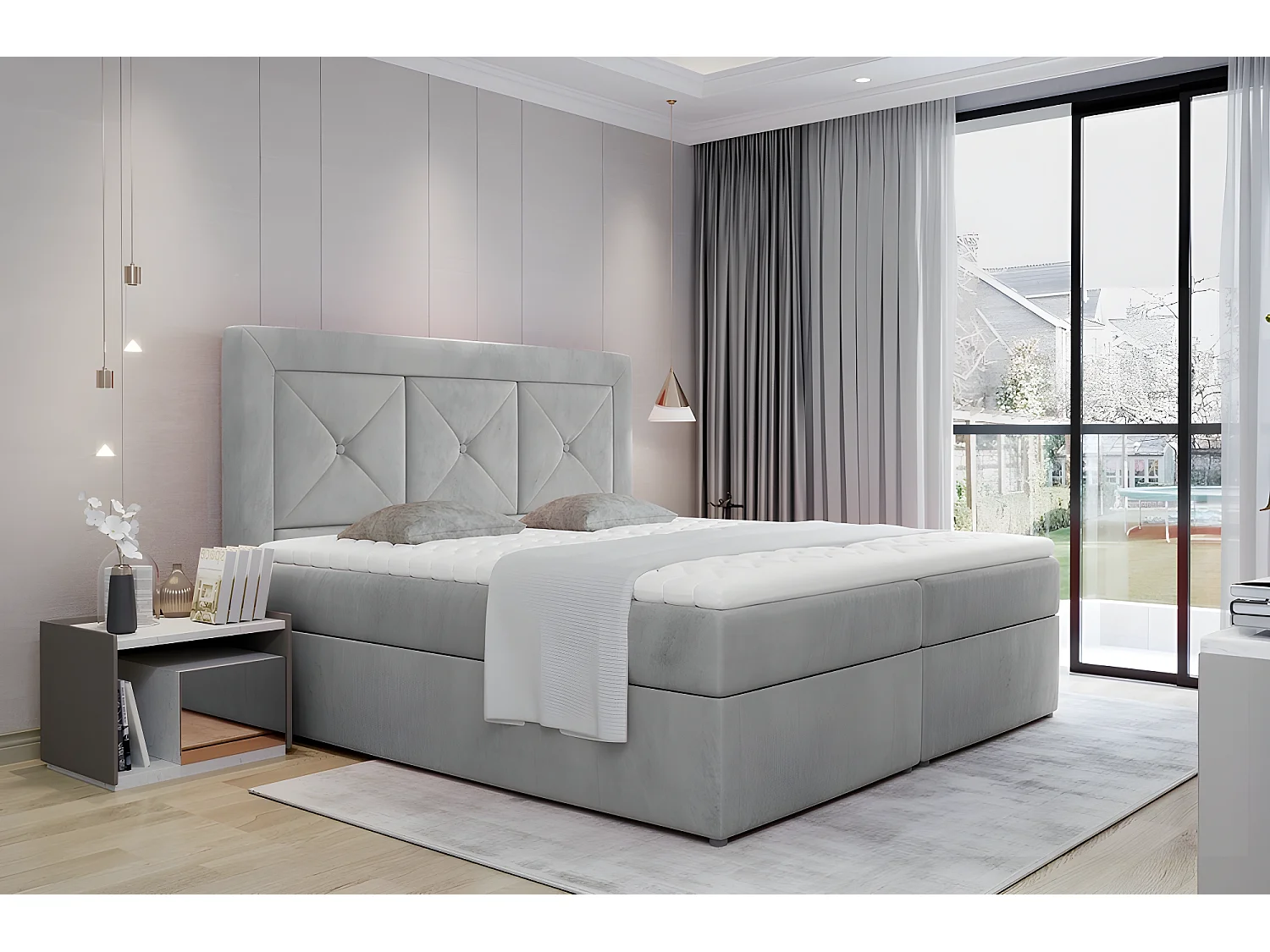 Ensemble boxspring complet tête de lit + sommiers + matelas + surmatelas IDYLLE - velours luxe GRIS - 160x200 cm