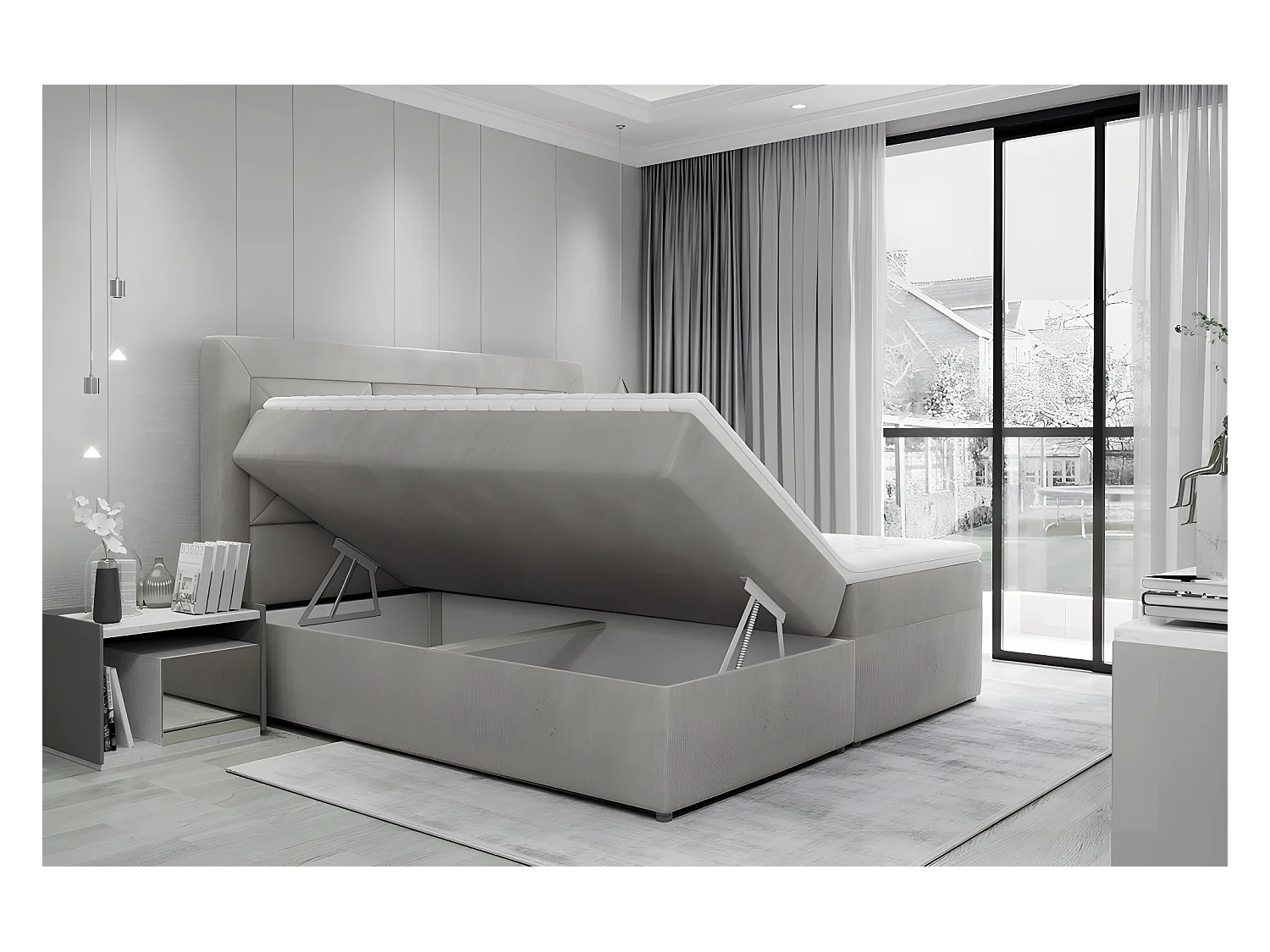 Ensemble boxspring complet tête de lit + sommiers + matelas + surmatelas IDYLLE - velours luxe gris - 180x200 cm