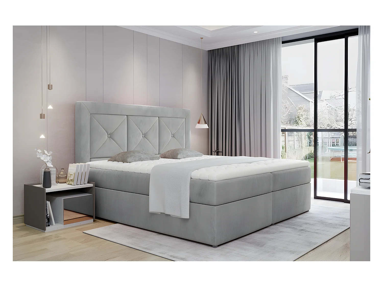 Ensemble boxspring complet tête de lit + sommiers + matelas + surmatelas IDYLLE - velours luxe gris - 180x200 cm