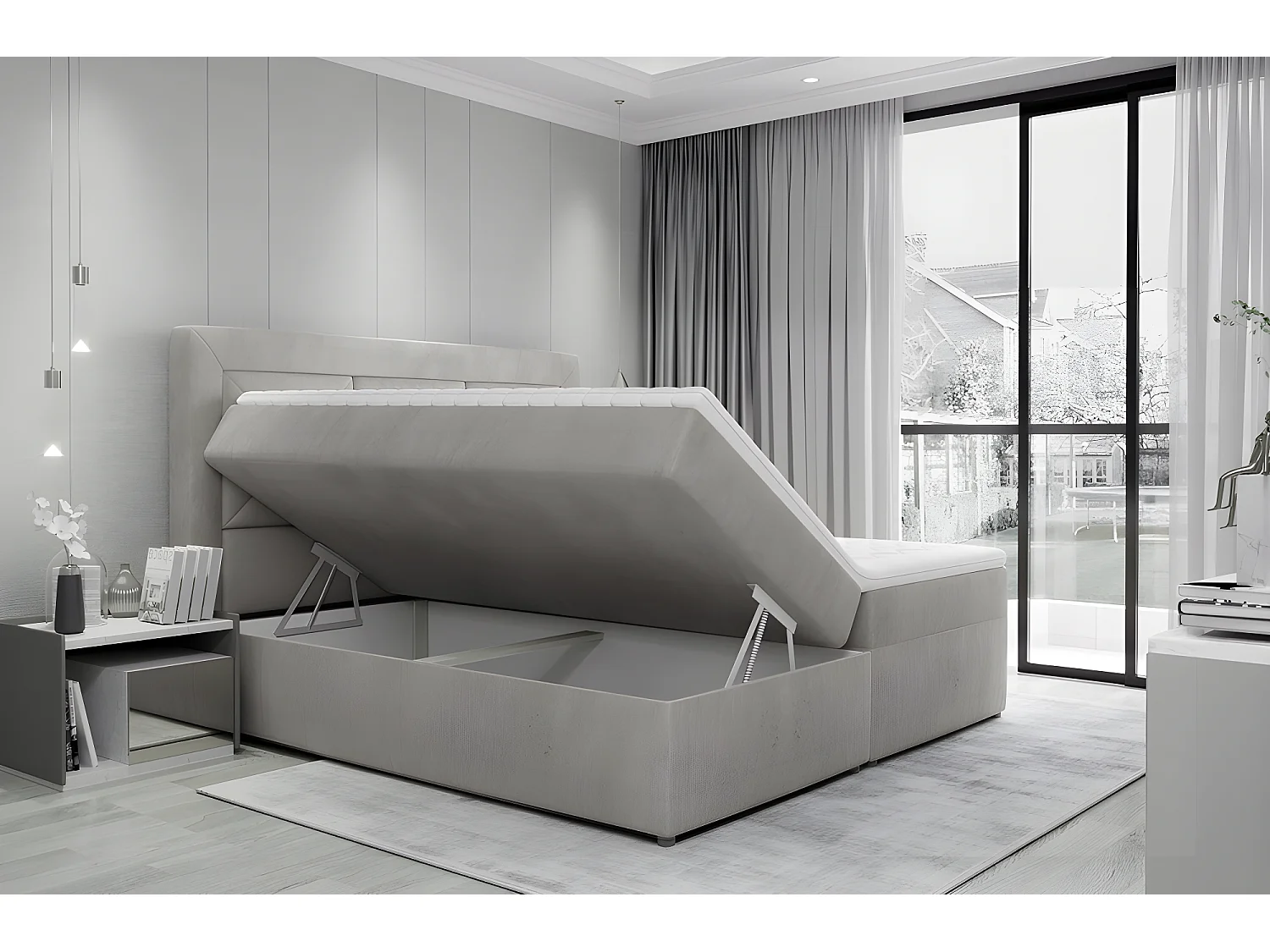 Ensemble boxspring complet tête de lit + sommiers + matelas + surmatelas IDYLLE - velours luxe gris - 180x200 cm