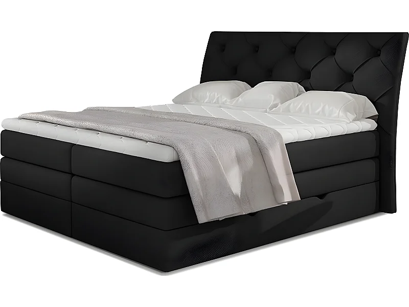 Ensemble boxspring complet tête de lit + sommiers + matelas + surmatelas MIRO tissu luxe noir - 160x200 cm