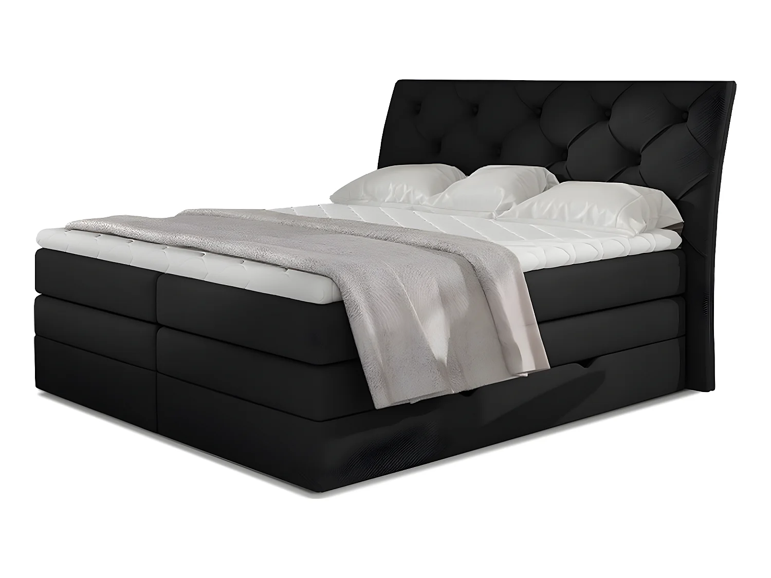 Ensemble boxspring complet tête de lit + sommiers + matelas + surmatelas MIRO tissu luxe noir - 160x200 cm
