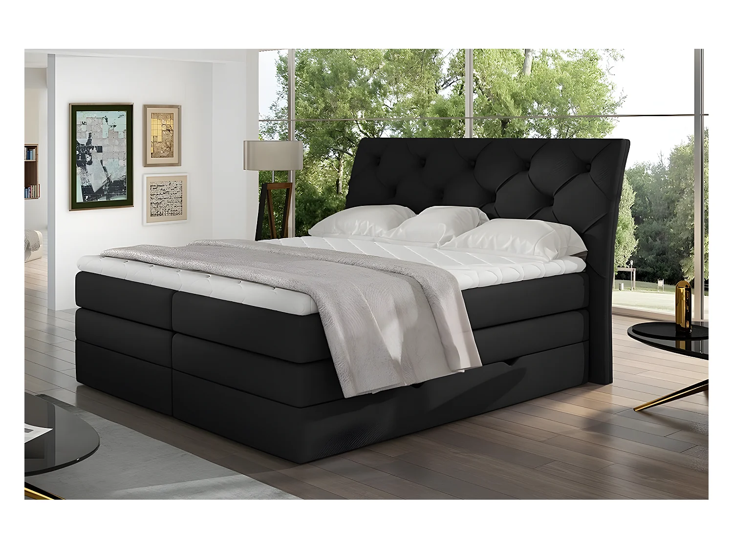 Ensemble boxspring complet tête de lit + sommiers + matelas + surmatelas MIRO tissu luxe noir - 160x200 cm