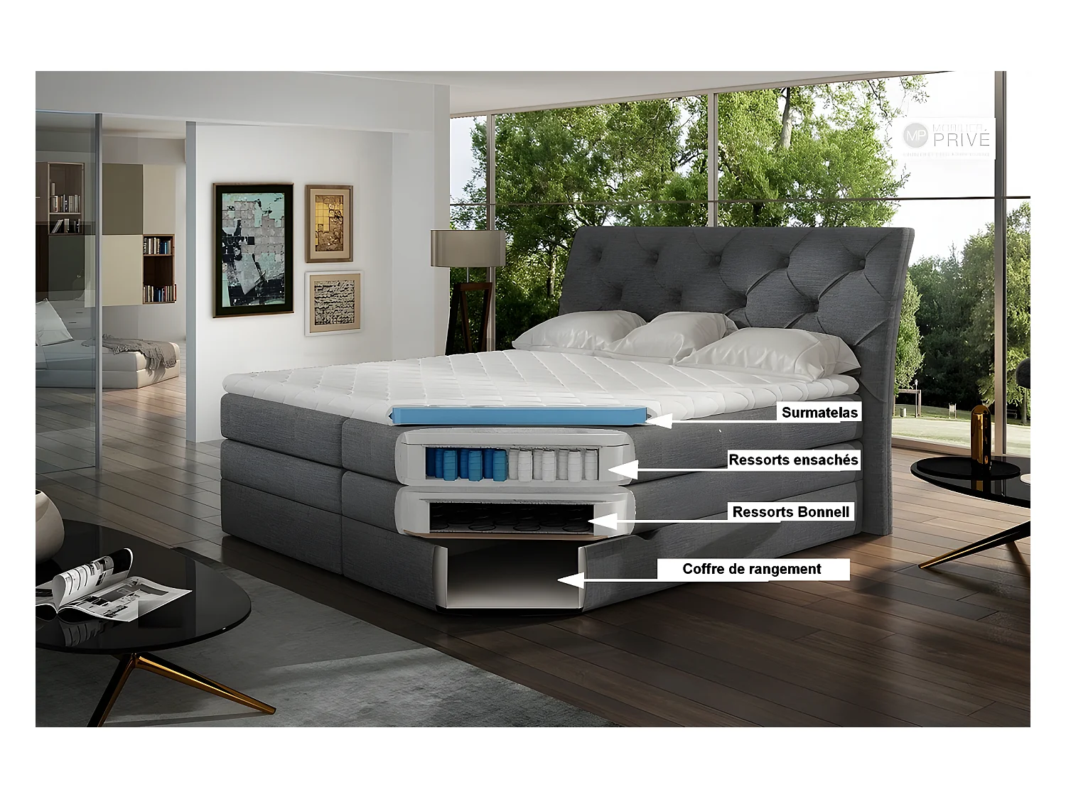 Ensemble boxspring complet tête de lit + sommiers + matelas + surmatelas MIRO tissu luxe noir - 160x200 cm