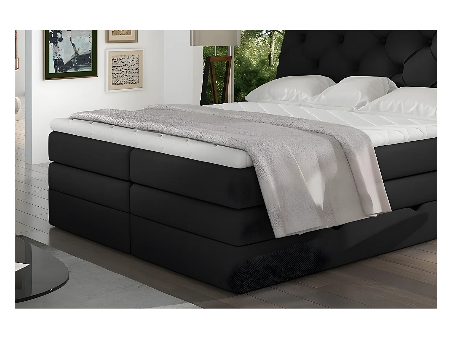 Ensemble boxspring complet tête de lit + sommiers + matelas + surmatelas MIRO tissu luxe noir - 160x200 cm