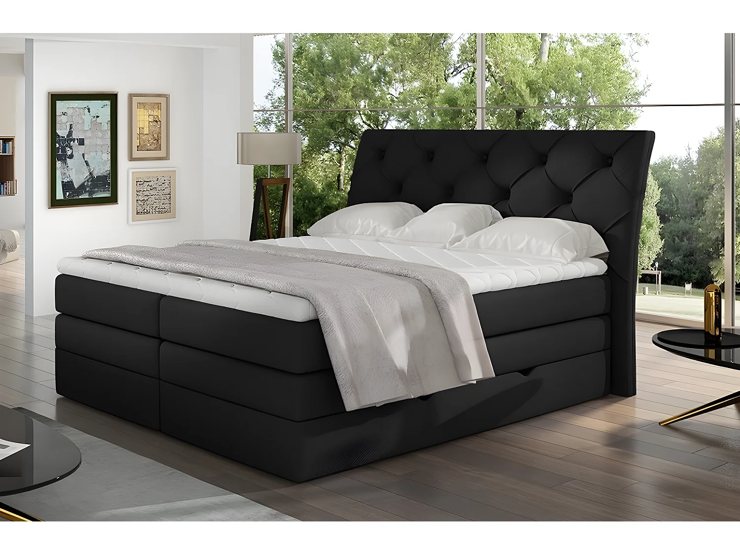 Ensemble boxspring complet tête de lit + sommiers + matelas + surmatelas MIRO tissu luxe noir - 160x200 cm