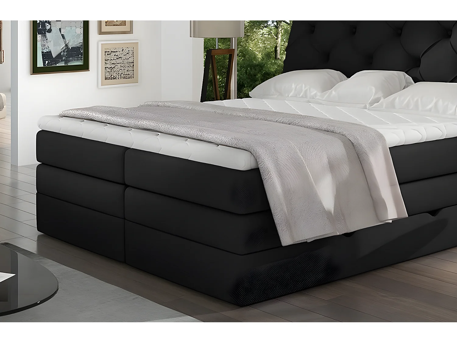 Ensemble boxspring complet tête de lit + sommiers + matelas + surmatelas MIRO tissu luxe noir - 160x200 cm
