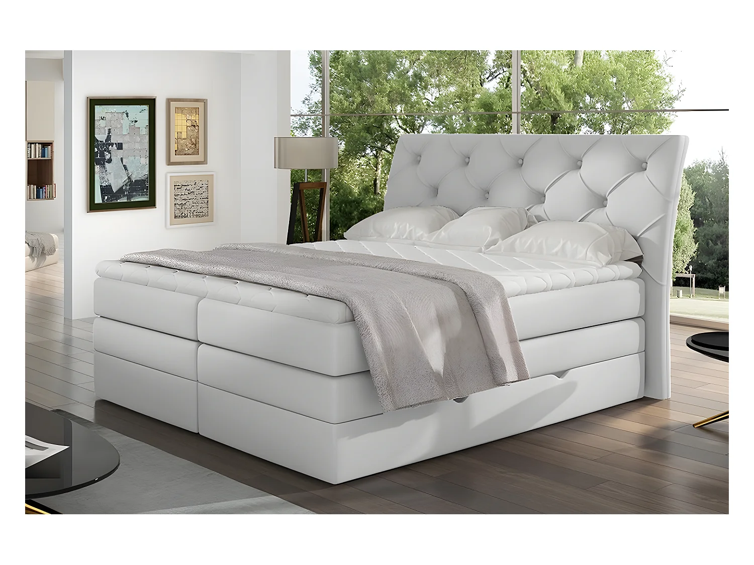 Ensemble boxspring complet tête de lit + sommiers + matelas + surmatelas MIRO en simili blanc - 140x200 cm