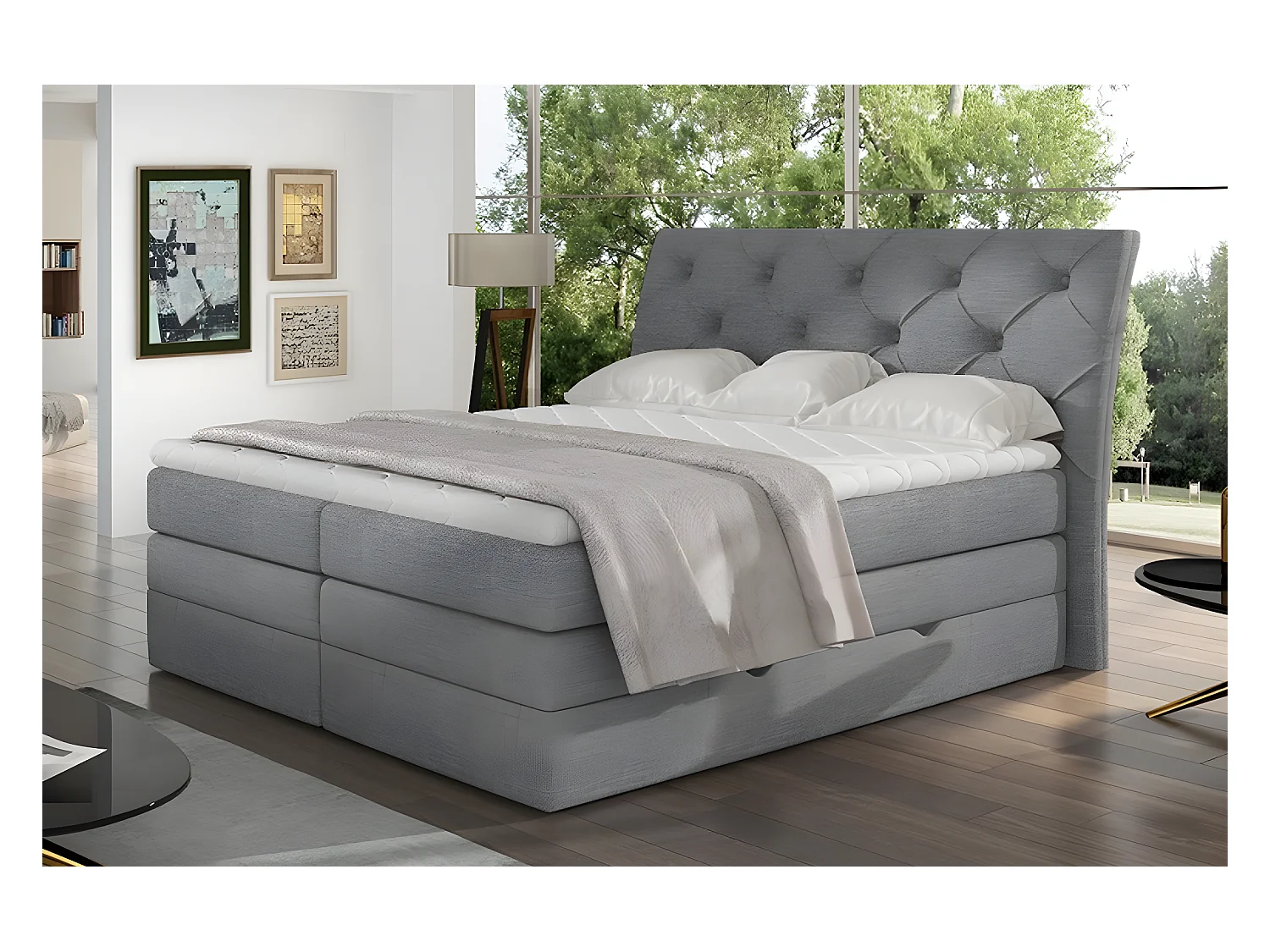 Ensemble boxspring complet tête de lit + sommiers + matelas + surmatelas MIRO tissu luxe gris - 160x200 cm