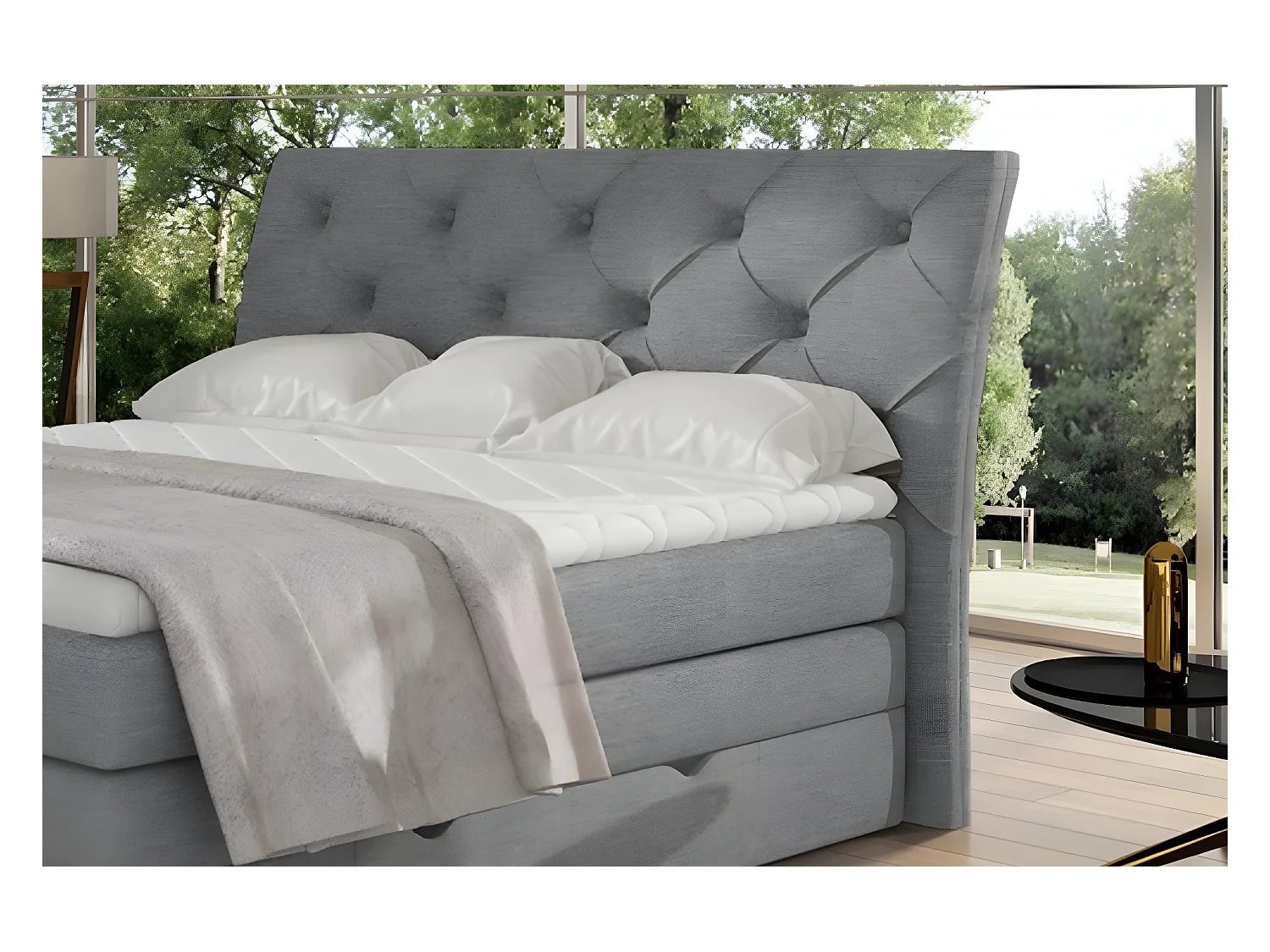 Ensemble boxspring complet tête de lit + sommiers + matelas + surmatelas MIRO tissu luxe gris - 160x200 cm