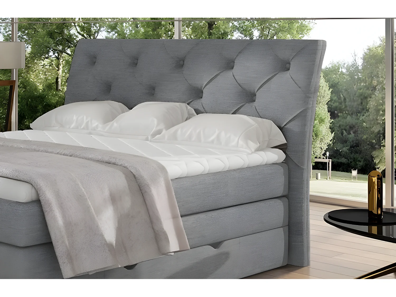 Ensemble boxspring complet tête de lit + sommiers + matelas + surmatelas MIRO tissu luxe gris - 160x200 cm