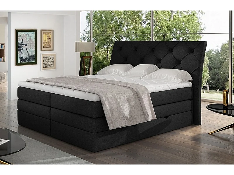 Ensemble boxspring complet tête de lit + sommiers + matelas + surmatelas MIRO tissu luxe noir - 180x200 cm