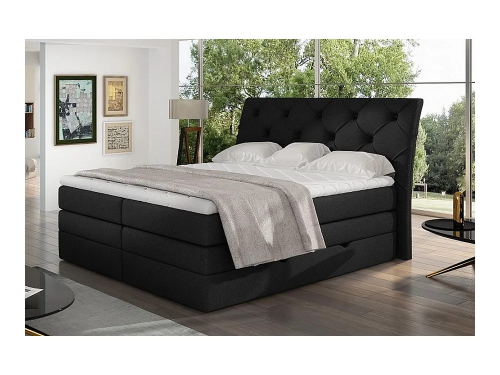 Ensemble boxspring complet tête de lit + sommiers + matelas + surmatelas MIRO tissu luxe noir - 180x200 cm
