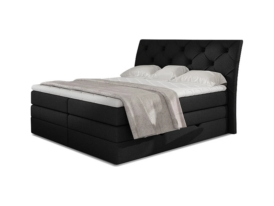 Ensemble boxspring complet tête de lit + sommiers + matelas + surmatelas MIRO tissu luxe noir - 180x200 cm