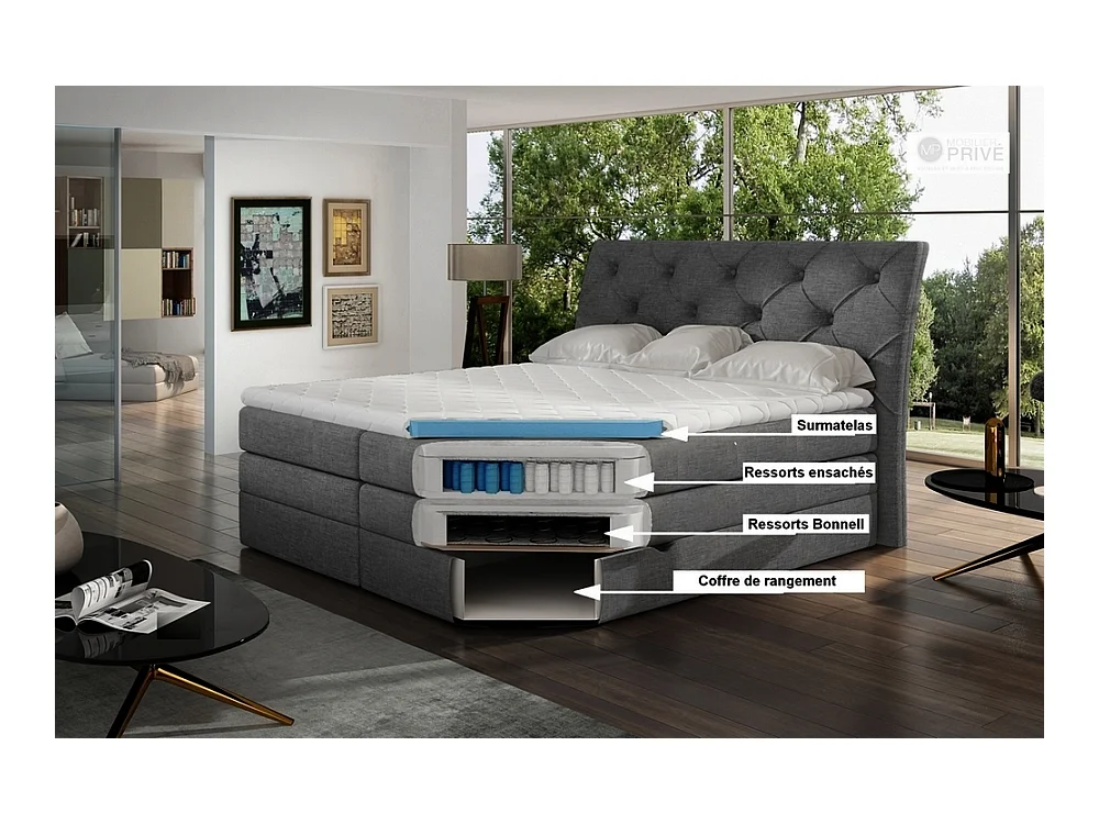 Ensemble boxspring complet tête de lit + sommiers + matelas + surmatelas MIRO tissu luxe noir - 180x200 cm