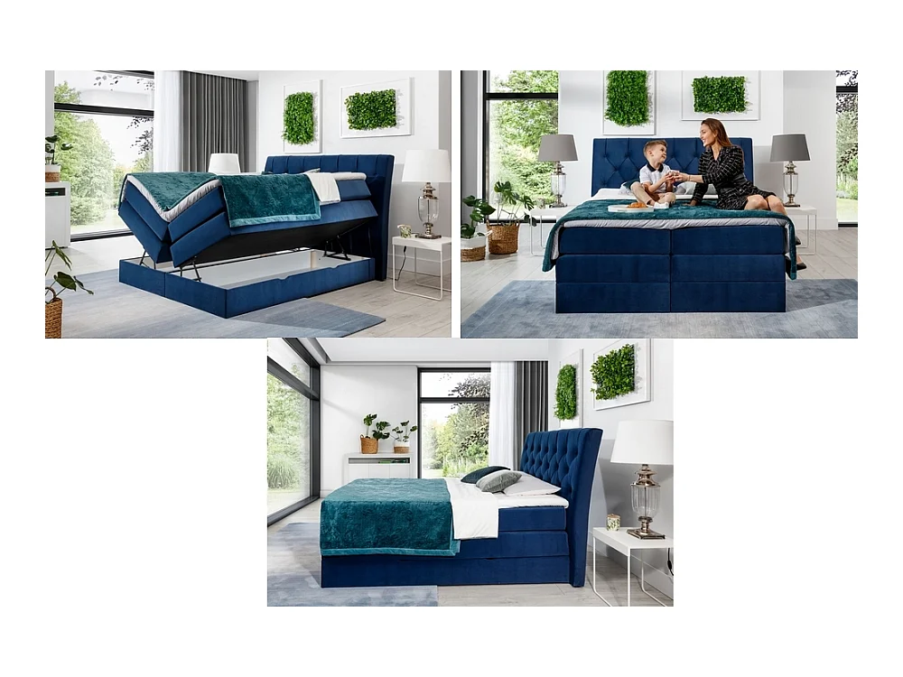 Ensemble boxspring complet tête de lit + sommiers + matelas + surmatelas MIRO tissu luxe noir - 180x200 cm