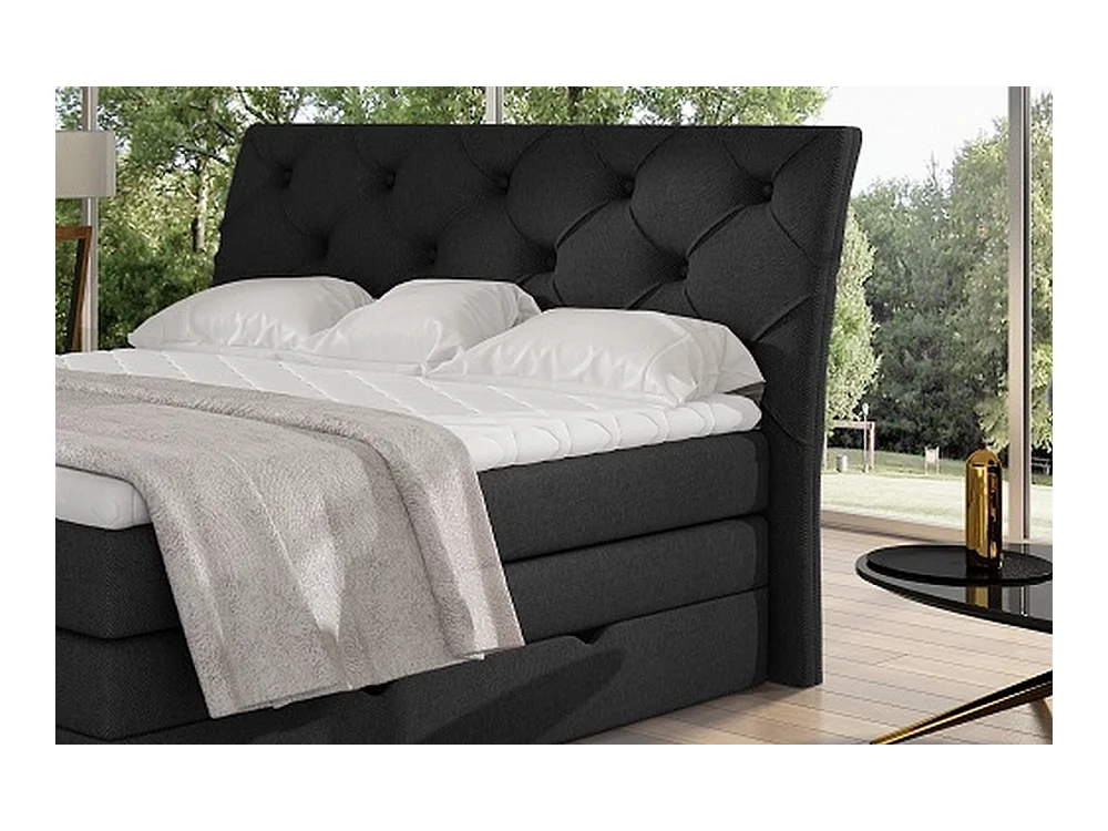 Ensemble boxspring complet tête de lit + sommiers + matelas + surmatelas MIRO tissu luxe noir - 180x200 cm
