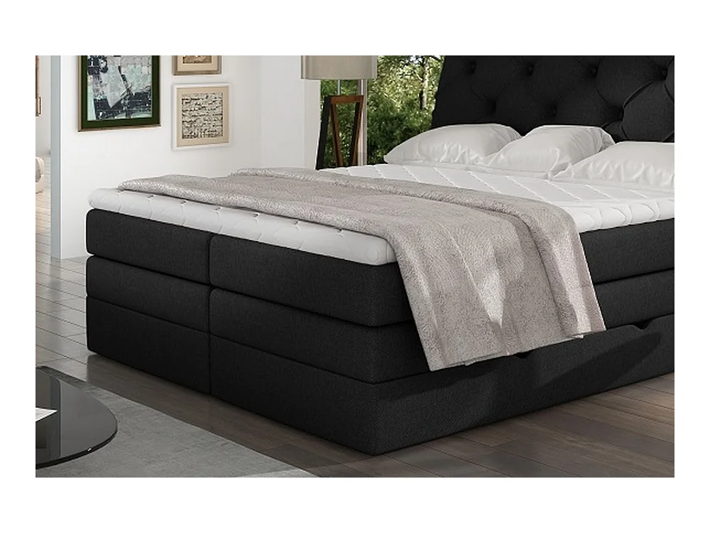 Ensemble boxspring complet tête de lit + sommiers + matelas + surmatelas MIRO tissu luxe noir - 180x200 cm