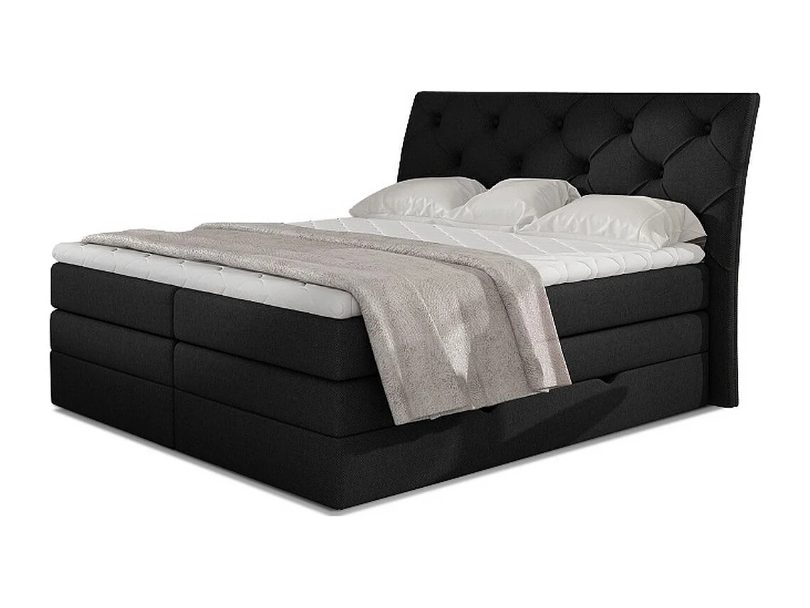 Ensemble boxspring complet tête de lit + sommiers + matelas + surmatelas MIRO tissu luxe noir - 180x200 cm