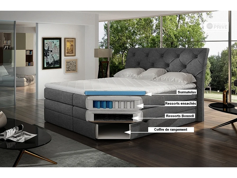 Ensemble boxspring complet tête de lit + sommiers + matelas + surmatelas MIRO tissu luxe noir - 180x200 cm