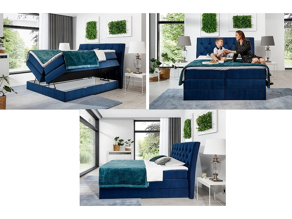 Ensemble boxspring complet tête de lit + sommiers + matelas + surmatelas MIRO tissu luxe noir - 180x200 cm