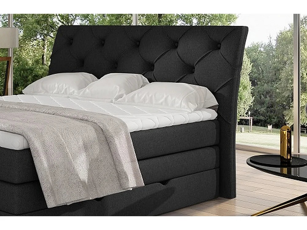 Ensemble boxspring complet tête de lit + sommiers + matelas + surmatelas MIRO tissu luxe noir - 180x200 cm