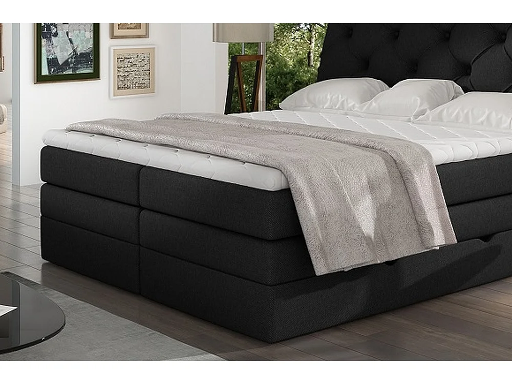 Ensemble boxspring complet tête de lit + sommiers + matelas + surmatelas MIRO tissu luxe noir - 180x200 cm
