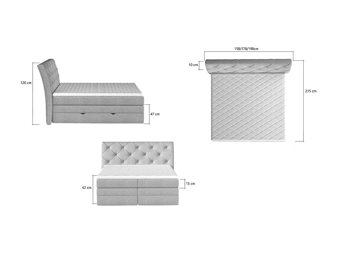 Ensemble boxspring complet tête de lit + sommiers + matelas + surmatelas MIRO tissu luxe noir - 180x200 cm