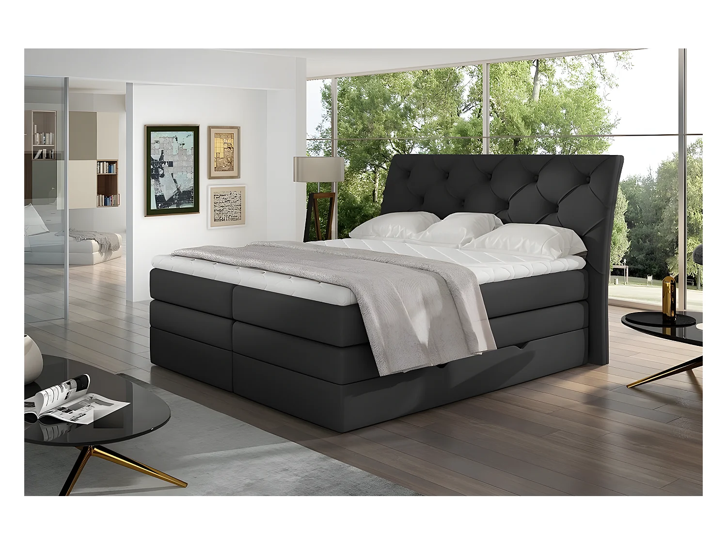 Ensemble boxspring complet tête de lit + sommiers + matelas + surmatelas MIRO en simili noir - 140x200 cm