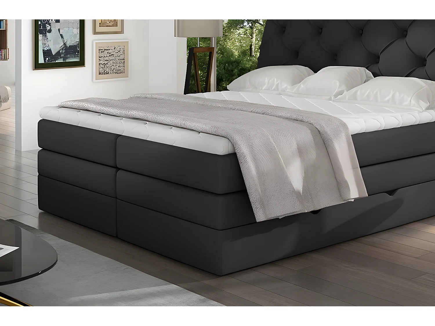 Ensemble boxspring complet tête de lit + sommiers + matelas + surmatelas MIRO en simili noir - 140x200 cm
